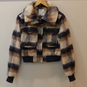 NWT Avec Les Filles ​Brushed Plaid Trucker Jacket multi casual warm cozy S crop